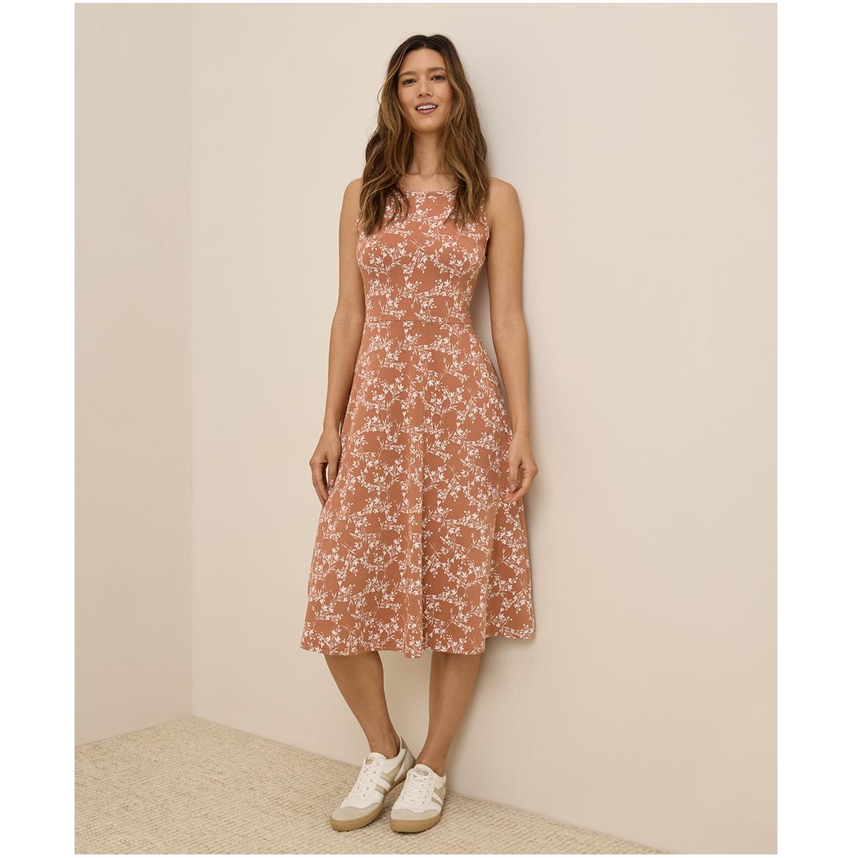 Pact Women's Organic Cotton Fit & Flare Keyhole Back Dress - Bouquet blooms ochre