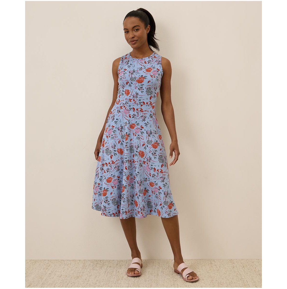 Pact Women's Organic Cotton Fit & Flare Keyhole Back Dress - Nightfall blooms cornflower blue