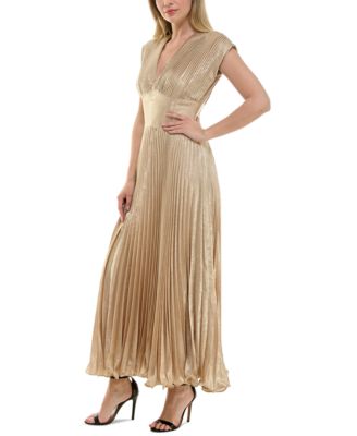 Women's Metallic V-Neck Cap-Sleeve Pleated Gown