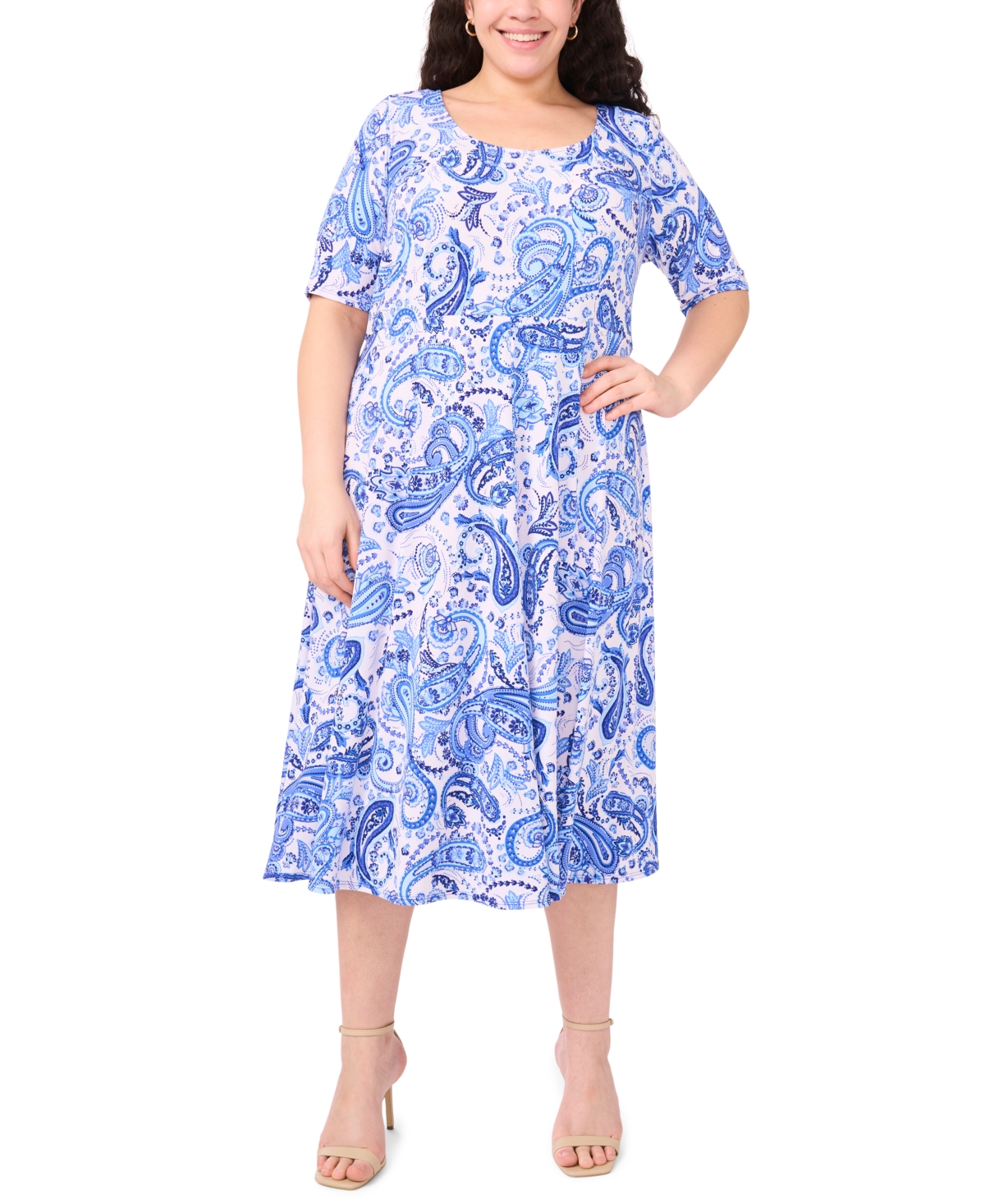 Plus Size Printed Jersey Elbow-Sleeve Midi Dress - Palace Blue