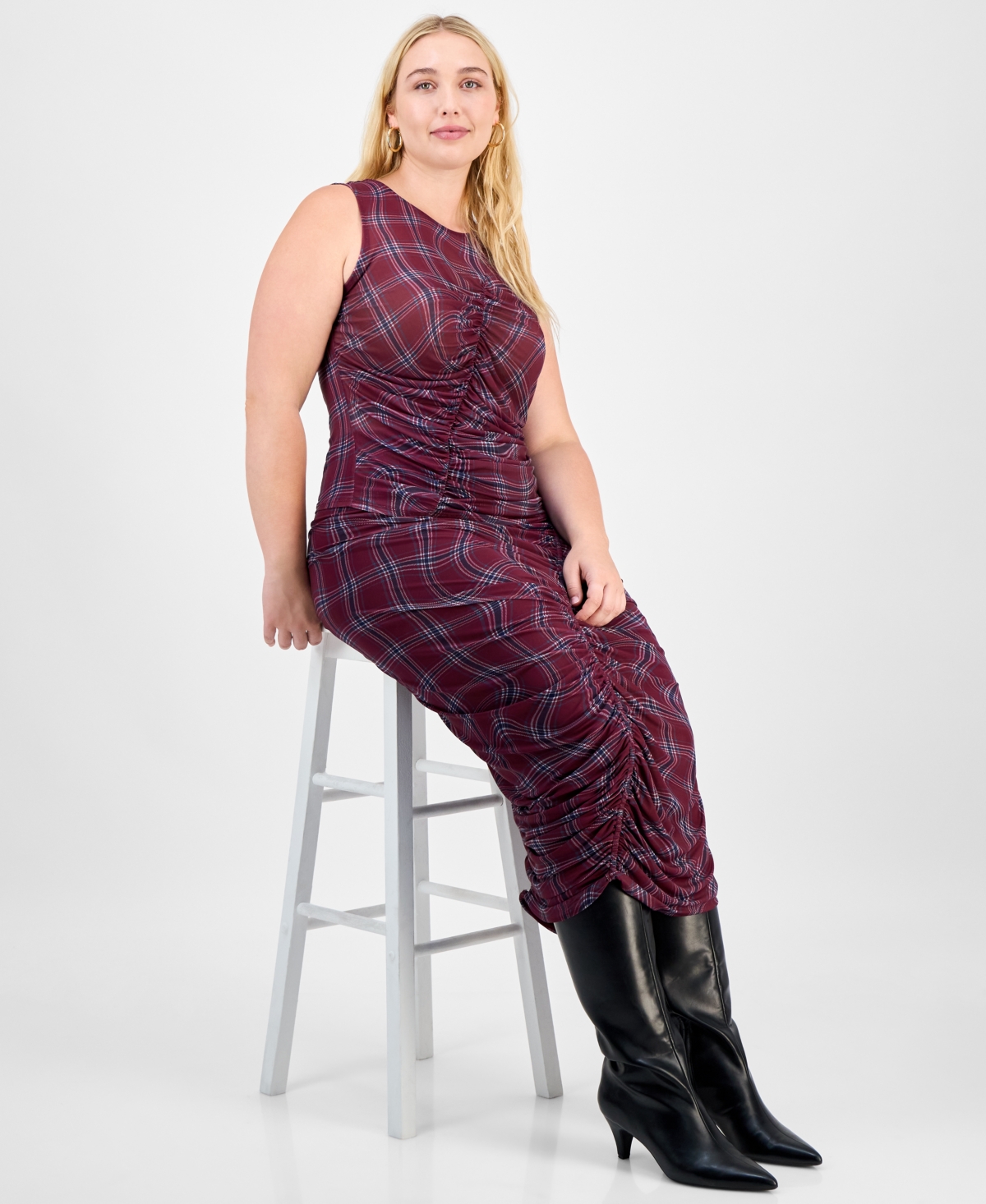 Bar Iii Trendy Plus Plaid Asymmetric-Ruching Top, Macy's Exclusive