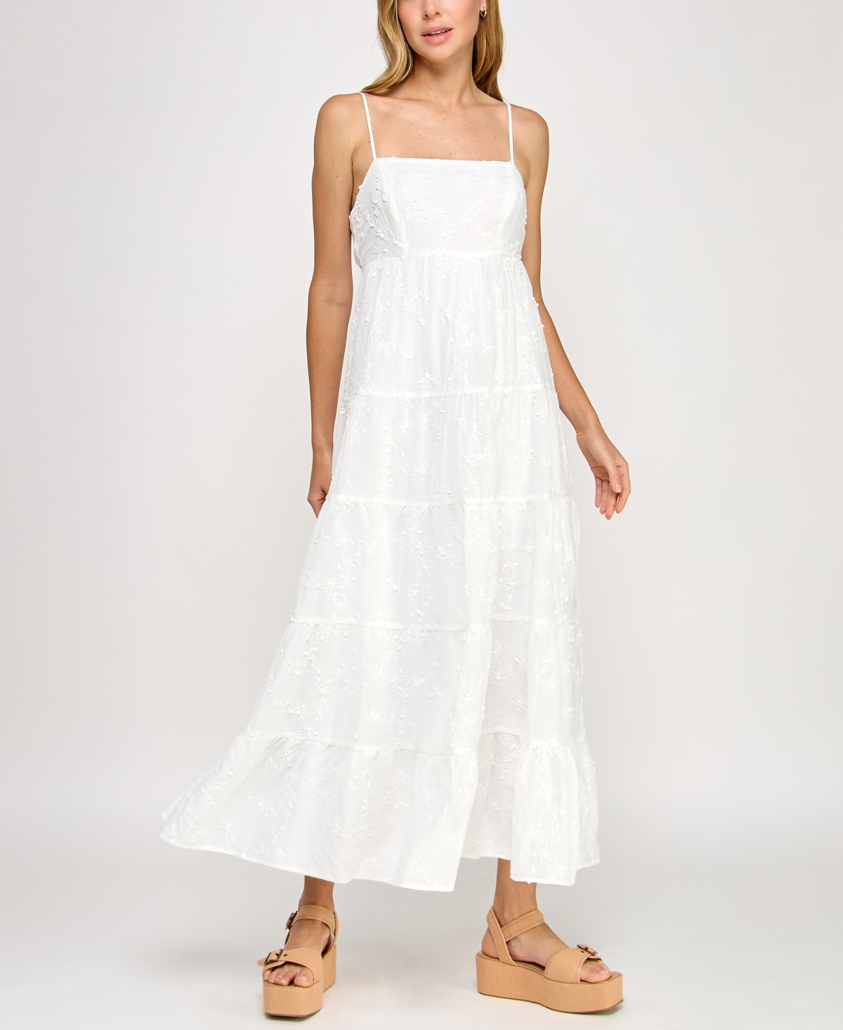 Juniors' Woven Tie-Back Tiered Maxi Dress - White