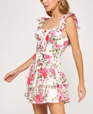 Juniors' Floral-Print Tiered Short Fit & Flare Dress