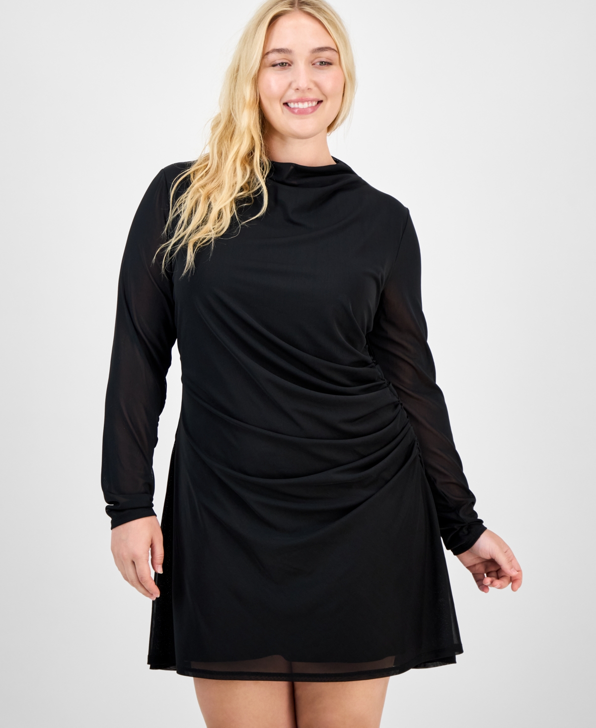 Bar Iii Trendy Plus Long-sleeve Mesh Mini Dress, Macy's Exclusive In Black