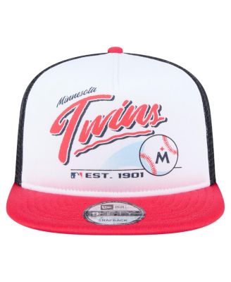 Men's White/Red Minnesota Twins Retro Script Trucker 9FIFTY Snapback Hat