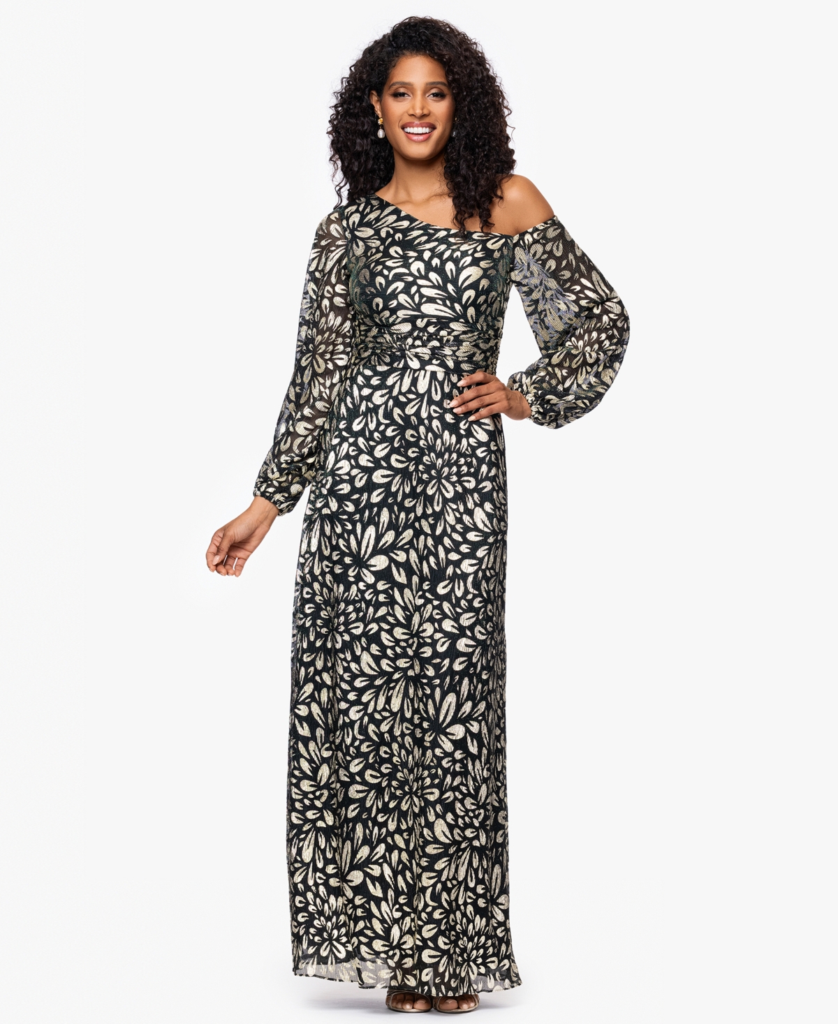 Petites Metallic Printed Long Dress - Green, Gold