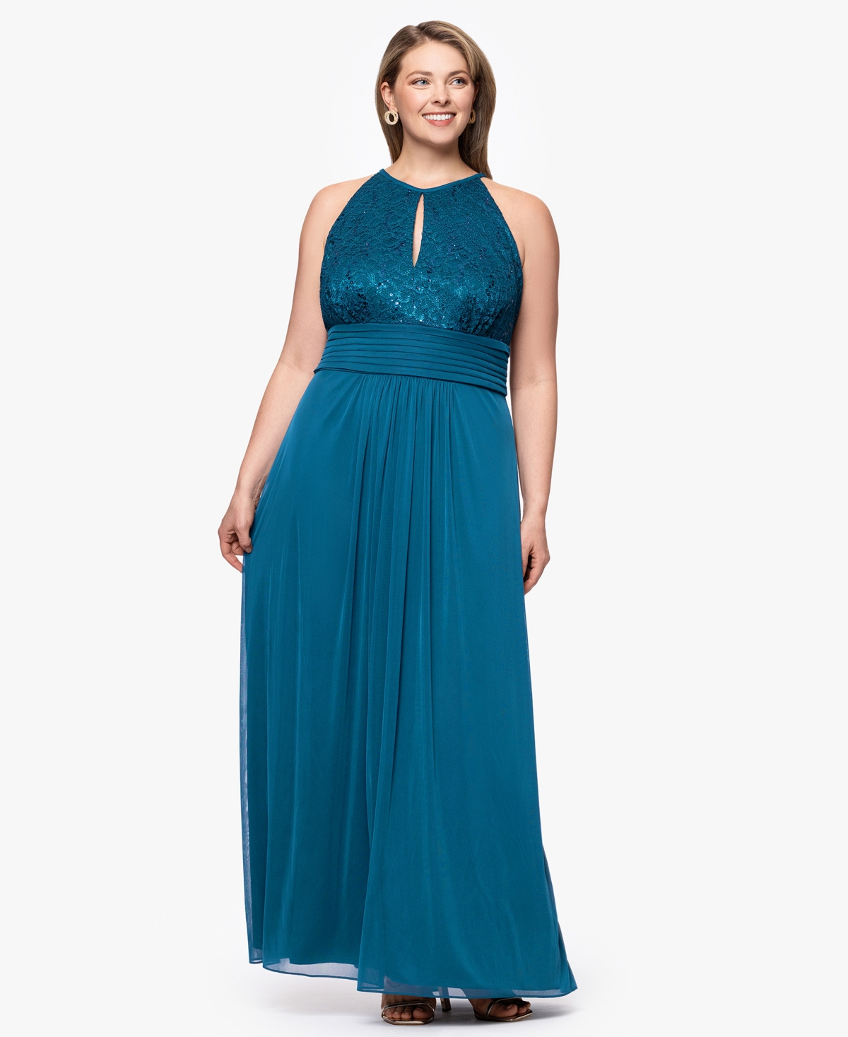 Plus Size Lace Long Halter Dress - Peacock