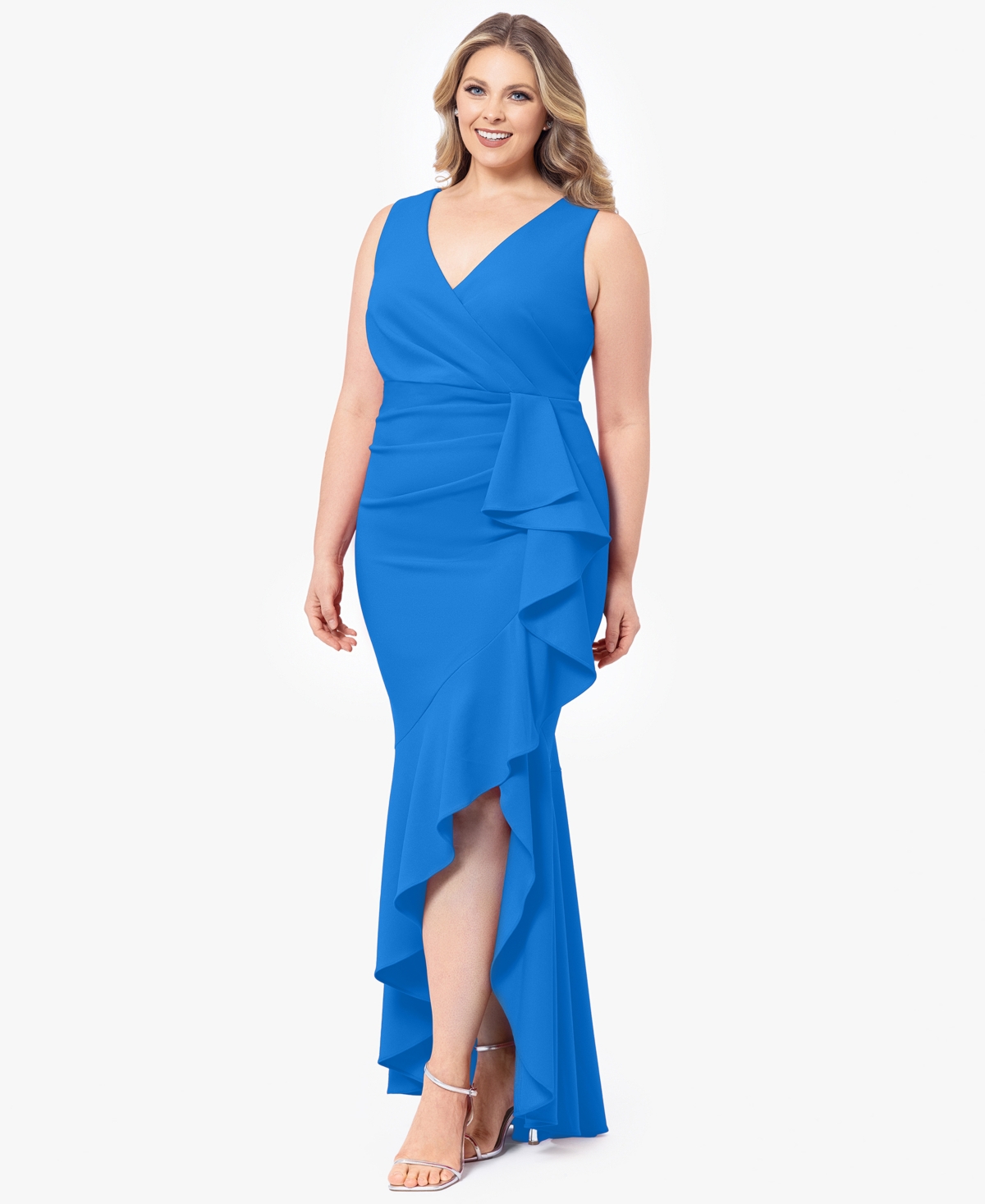 Betsy & Adam Plus Size Sleeveless Ruffled High-low Gown