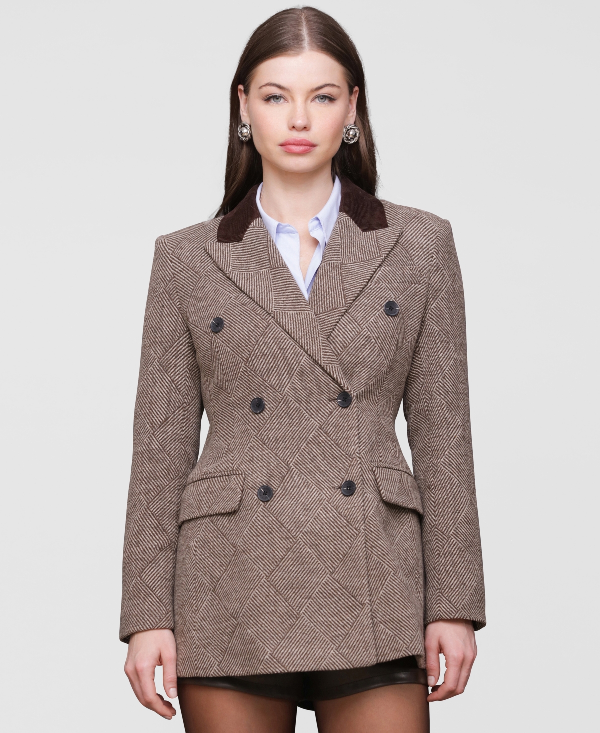 Avec Les Filles Basket Weave Doubled Breasted Blazer In Brown