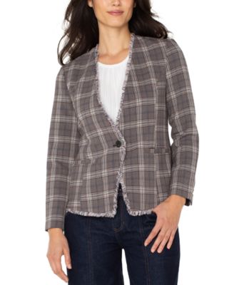 Petite Frayed-Trim Plaid Blazer