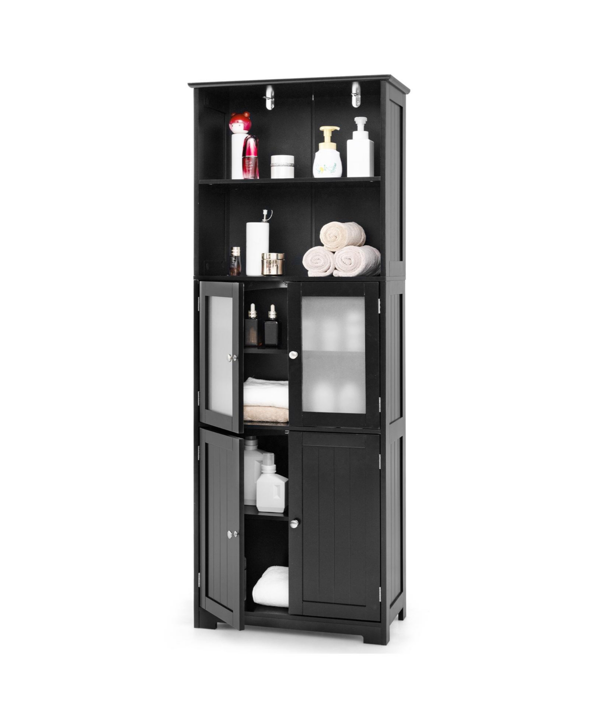 6-Tier Freestanding Bathroom Cabinet with 2 Open Compartments and Adjustable Shelves - Black