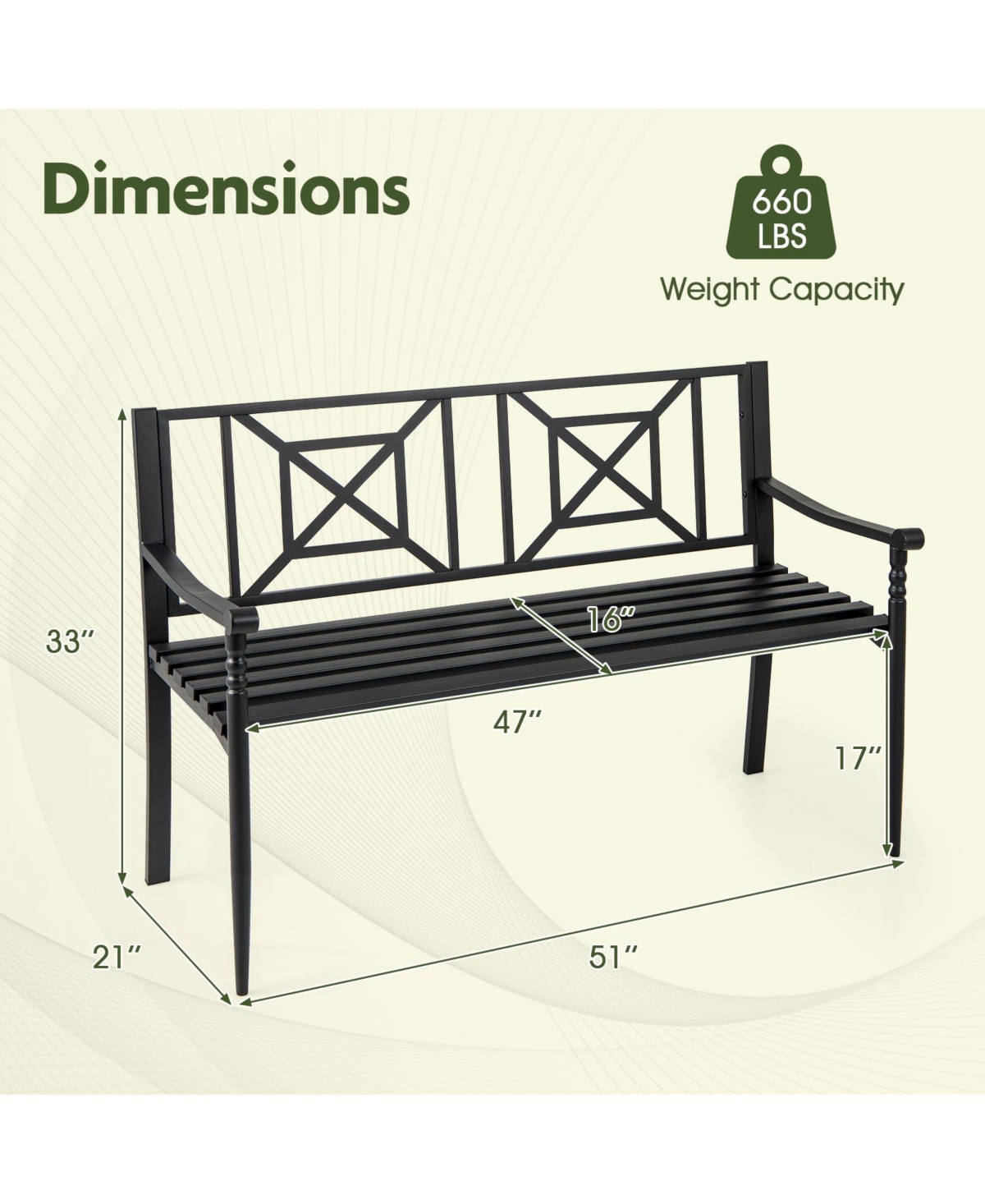 Gymax 51'' Metal Bench Slatted Garden Bench for 2-3 People Patio Park-Style Loveseat