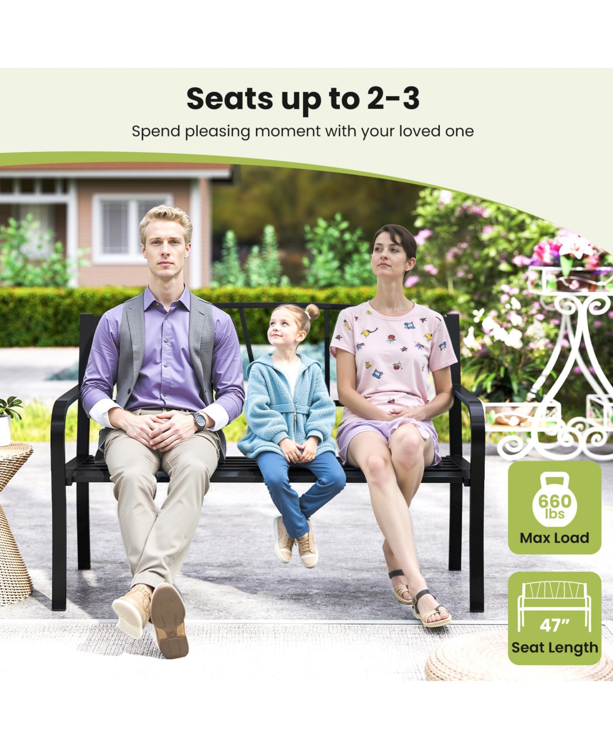 Gymax 50.5'' Patio Metal Bench w/ Curved Armrests & Minimalist Backrest for Backyard