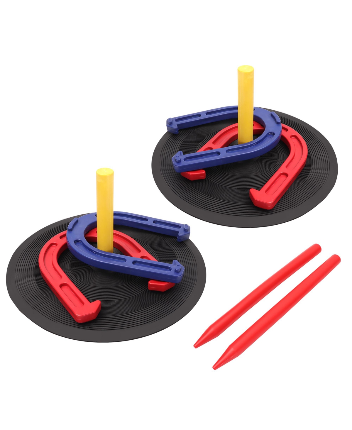 Rubber Horseshoe Game Set, 4 Horseshoes (2 Red/2 Blue), 2 Rubber Mats with Posts, and 2 Plastic Stakes