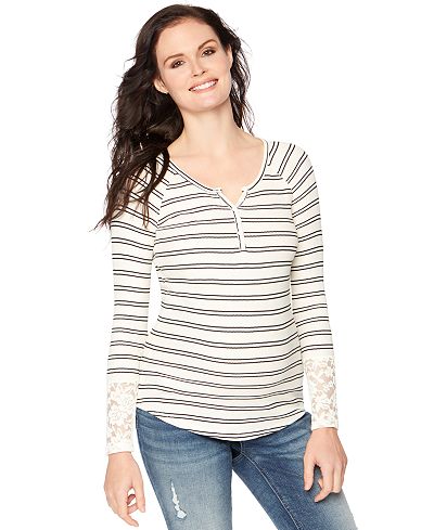 Wendy Bellissimo Maternity Lace-Sleeve Striped Henley Top