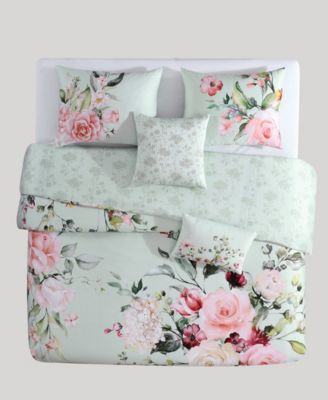 Rose on Misty Green 200 TC Cotton Sateen, Reversible 5 Pc. Comforter Set