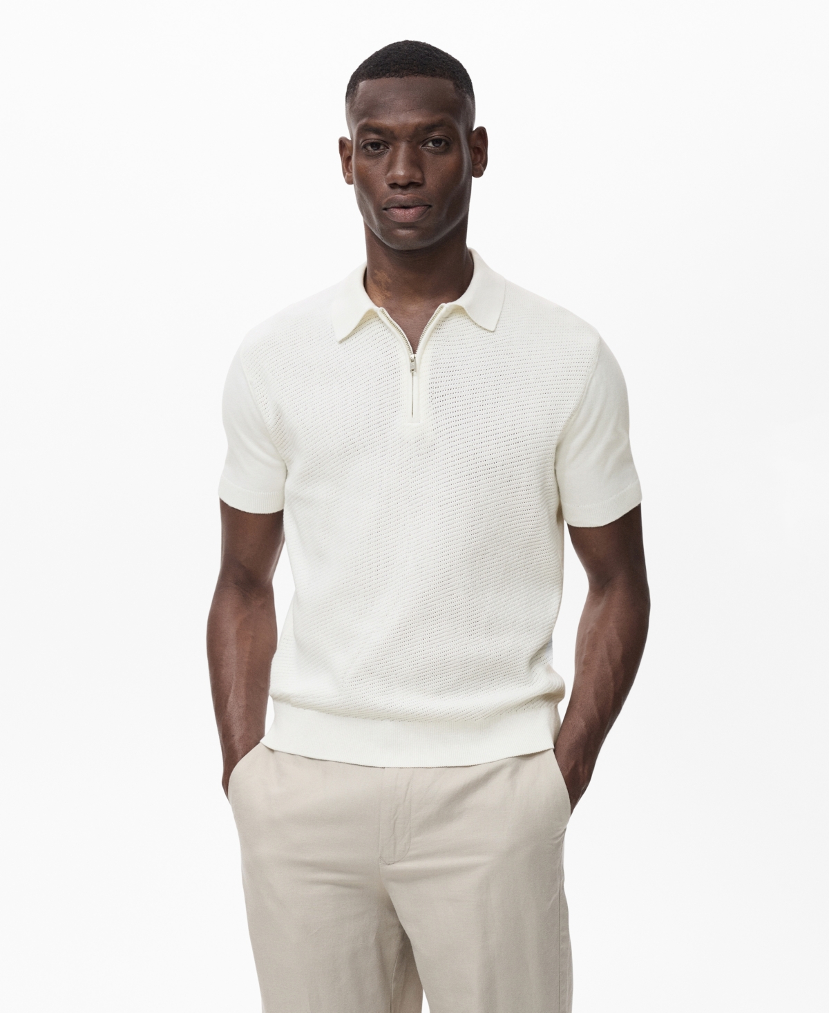 Men's Openwork Knitted Zipper Polo Shirt - Navy