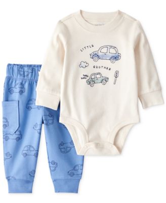Carter's - Baby Boys Cotton Cars Little Brother Long-Sleeve Bodysuit & Pants, 2 Piece Set