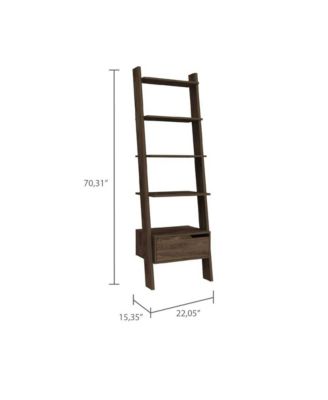 Kobe Ladder Bookcase, One Drawer, Five Open Shelves, Dark Walnut