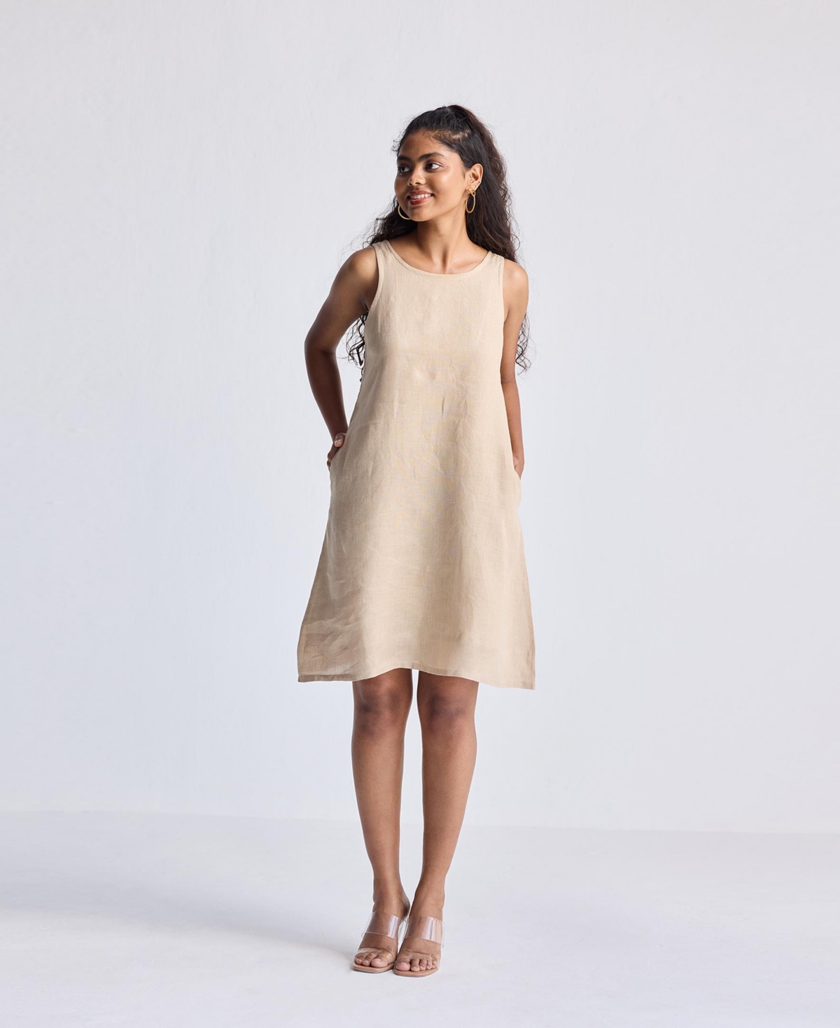 Women's Hemp Short Dress with Back Embroidered Lace Detail - Neutral beige