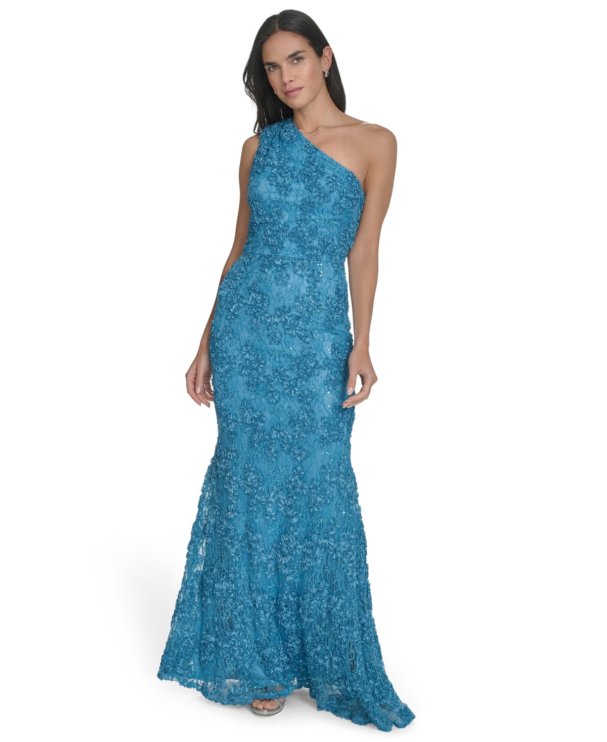 Jessica Howard Petite One-shoulder Sequin Lace Gown In Blue
