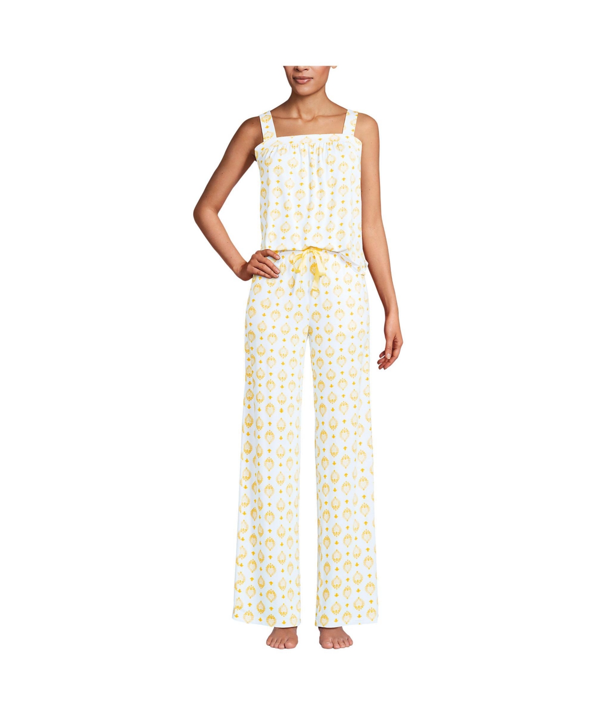 Petite Cooling 2 Piece Pajama Set - Sleeveless Square Neck Top and Pants - Pale yellow large foulard