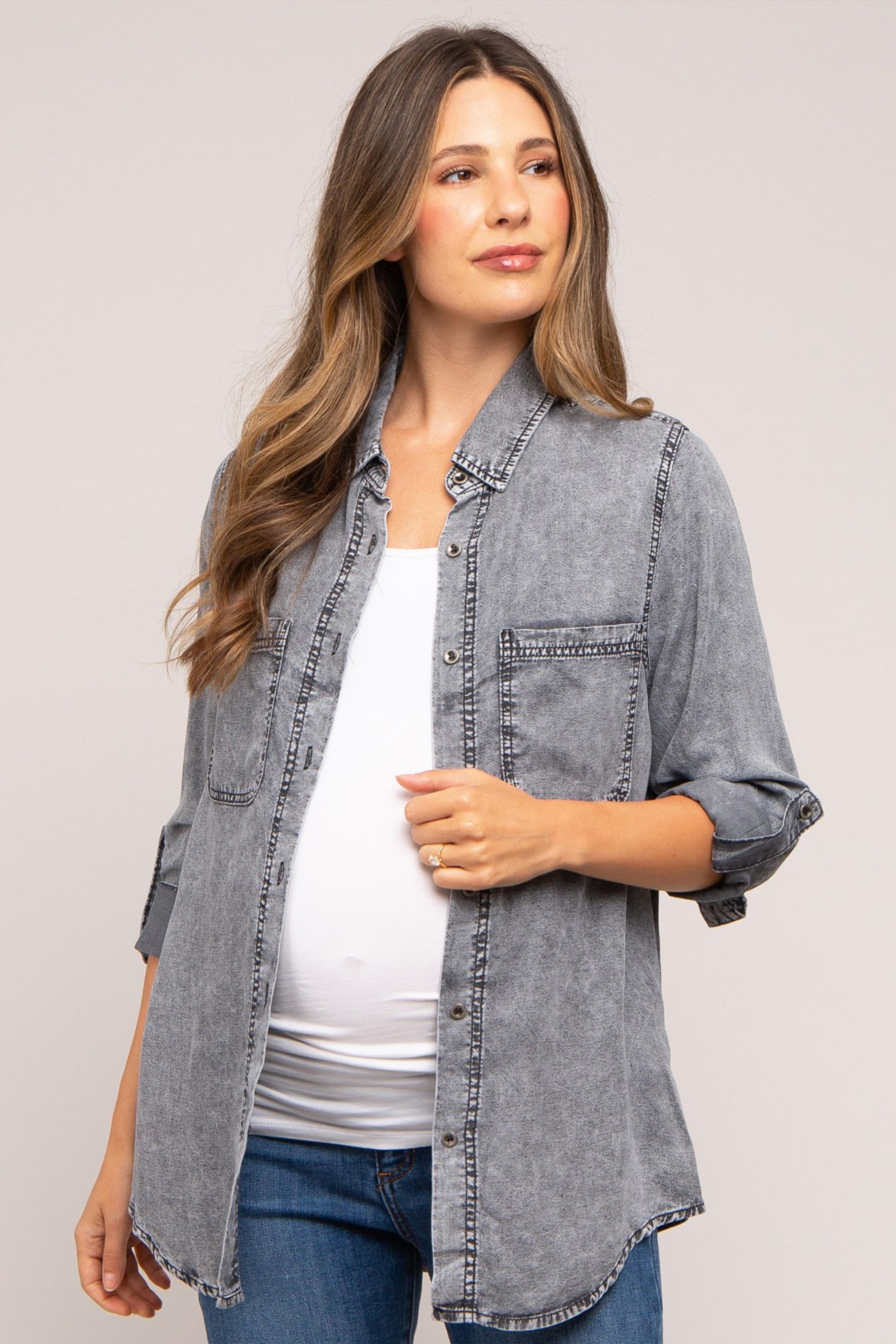 Women's Charcoal Chambray Rolled Cuff Shirt