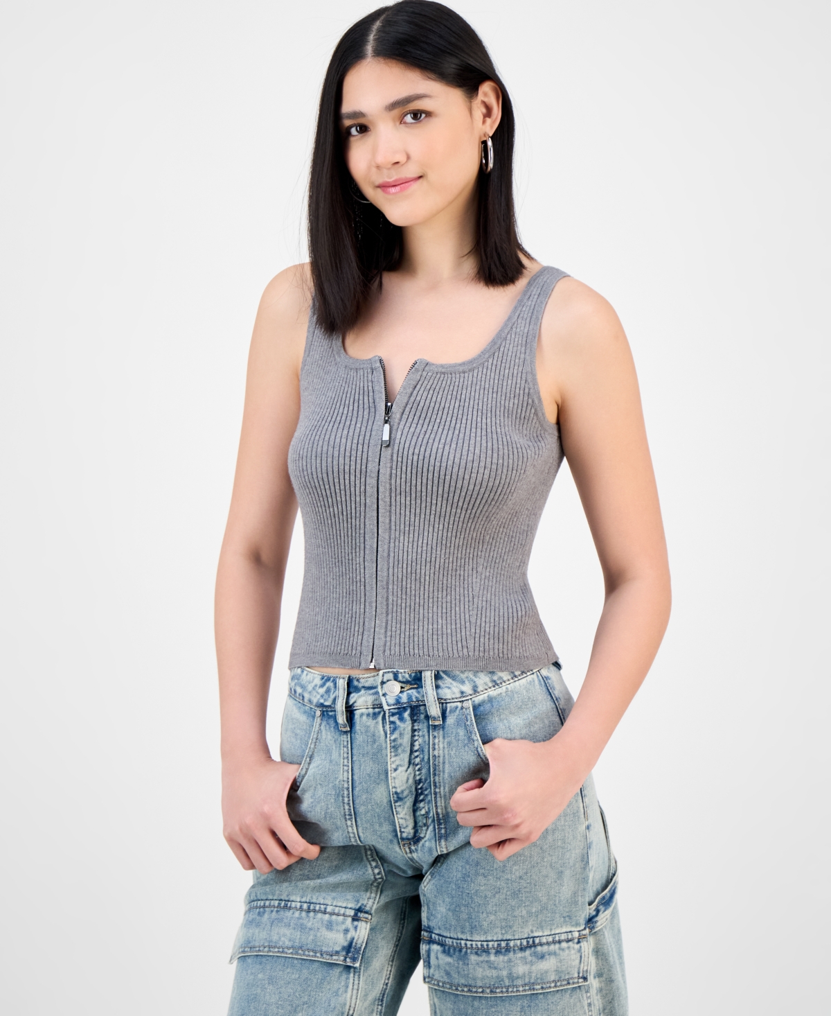 Bar Iii Women's Rib-knit Zip-front Sweater Tank Top, Exclusively At Macy's