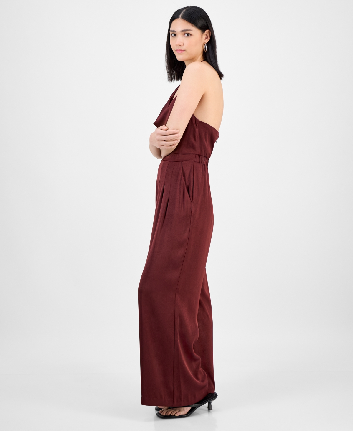 Bar Iii Women's Satin Cowl-neck Wide-leg Jumpsuit, Macy's Exclusive In Brown