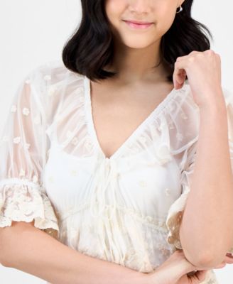 Women's V-Neck Ruffle-Trim Mesh Top, Exclusively at Macy's 