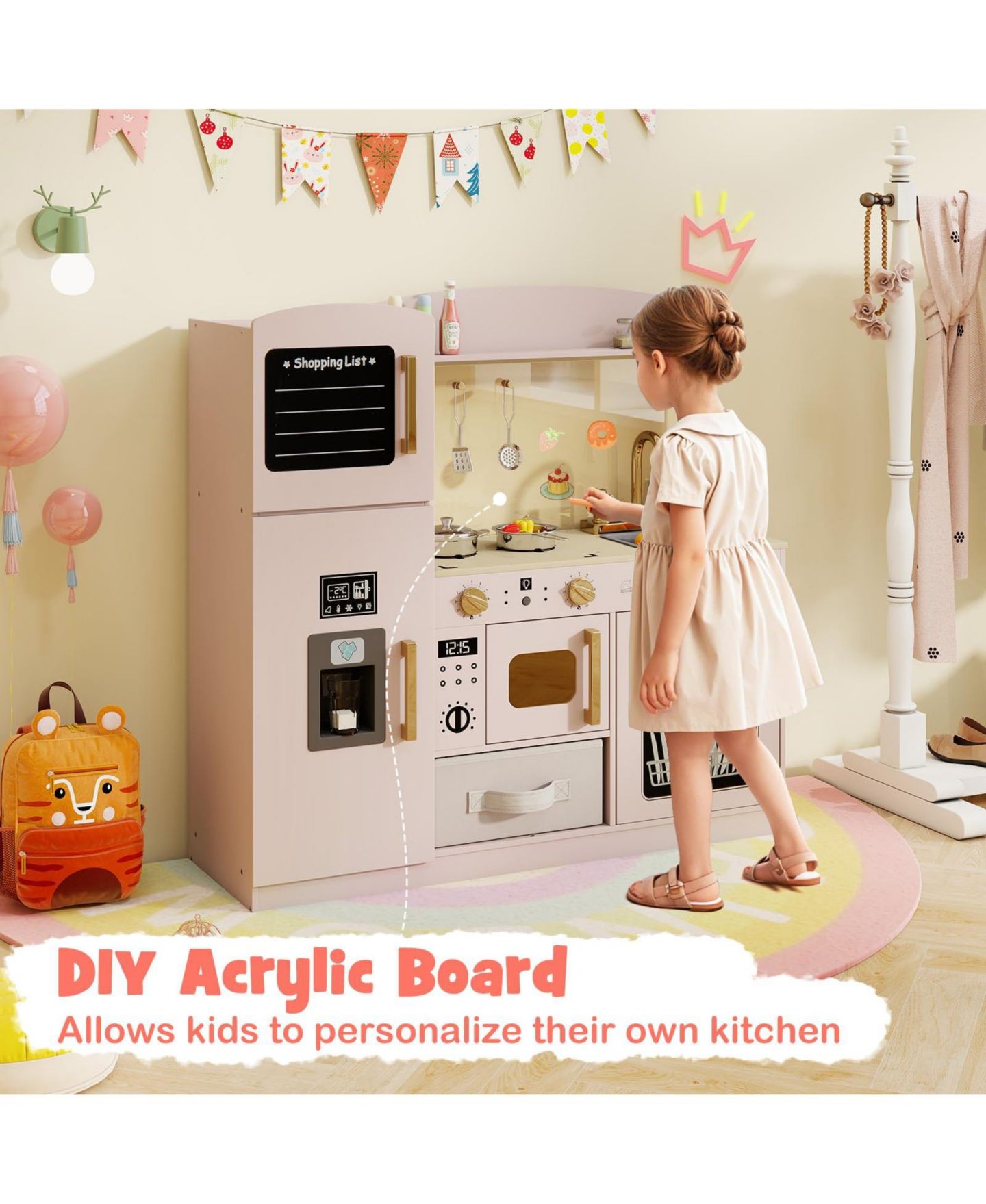 Детская игрушка Mecale Wooden Play Kitchen with Light-Up Microwave, Ice Maker, and Chalkboard, Ages 3+, цвет: Розовый — фото 9