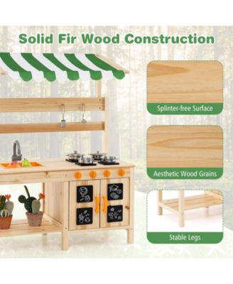 Mud Kitchen Fir Wood Play Kitchen with Canopy and Sink and 4 Stoves