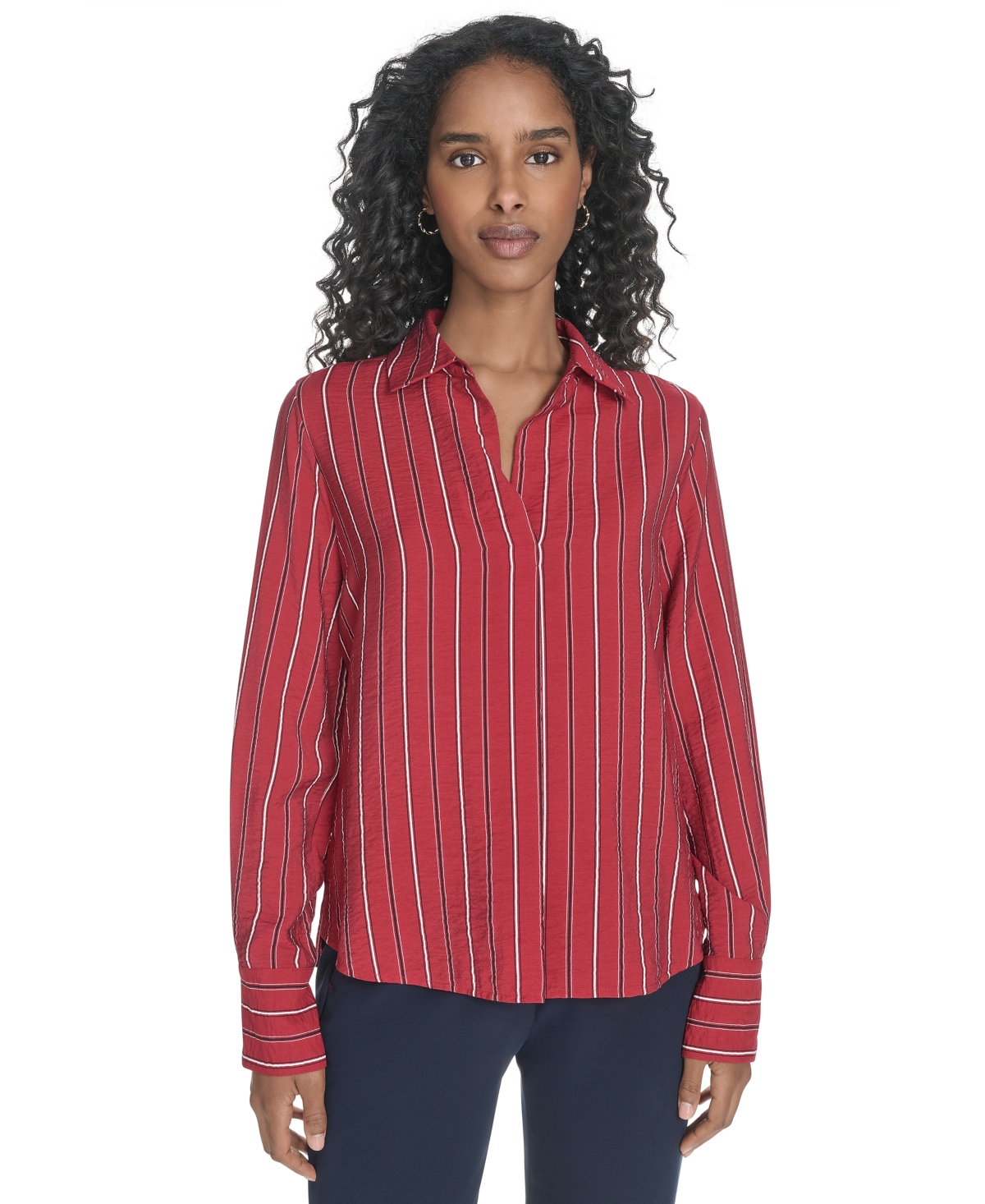 Women's Striped Long-Sleeve Popover Top - Midnight Multi