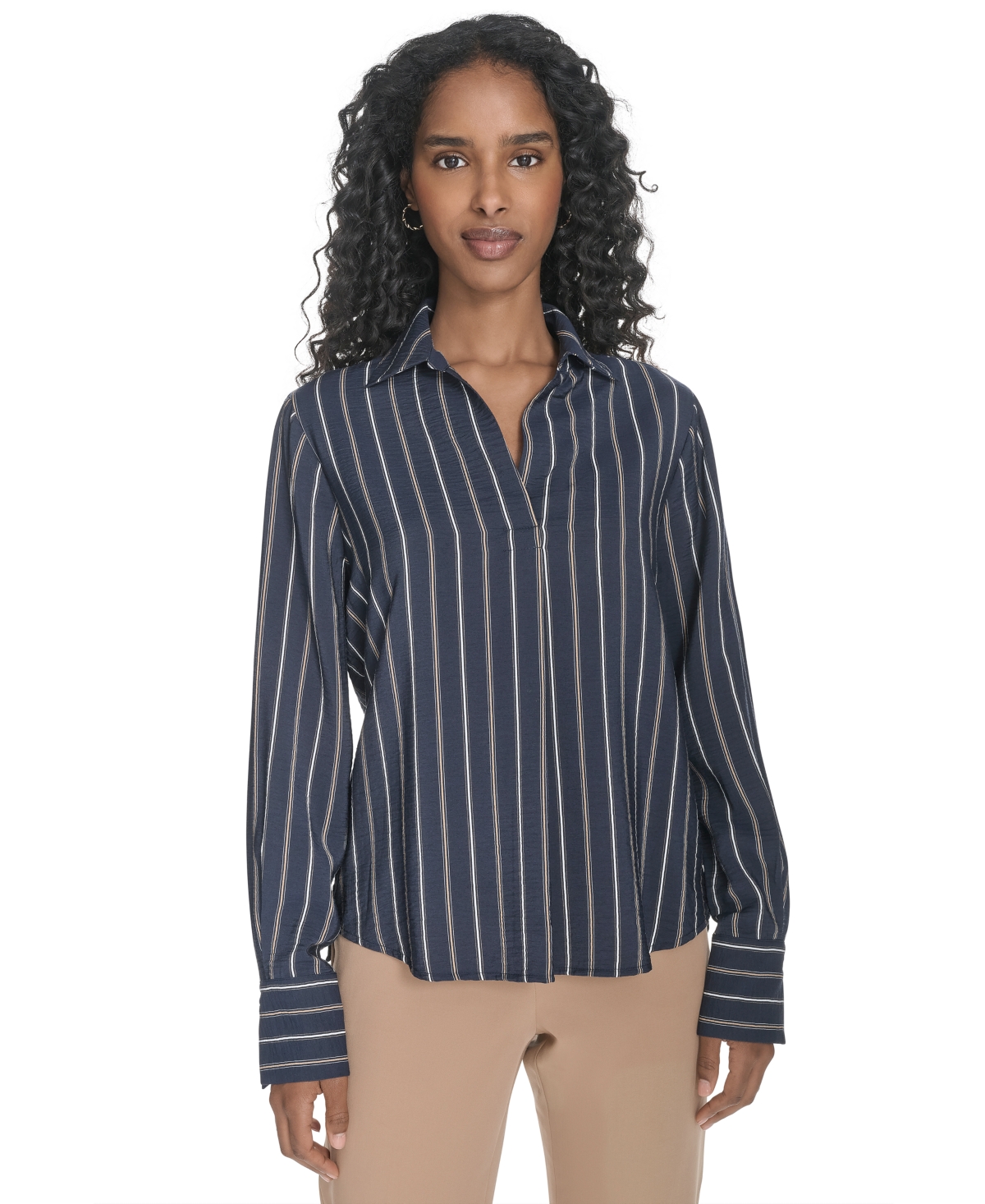 Women's Striped Long-Sleeve Popover Top - Midnight Multi