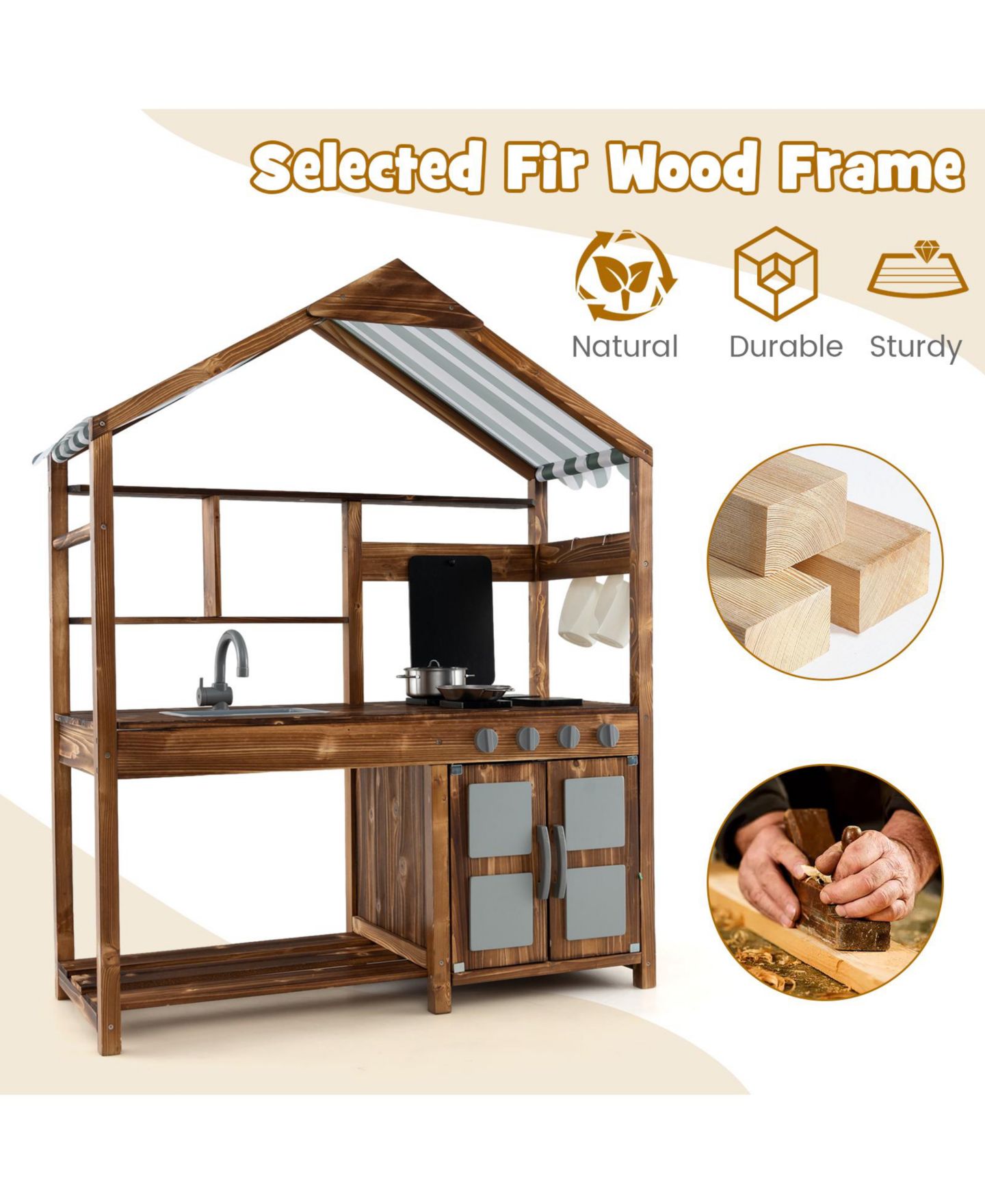 Детская игрушка Mecale Kid's Mud Kitchen Outdoor Solid Wood Mud Kitchen with Canopy, цвет: Натуральный — фото 6
