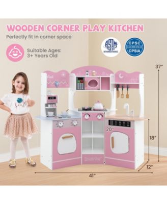 Corner Wooden Play Kitchen with Coffee Machine and Slide for Kids