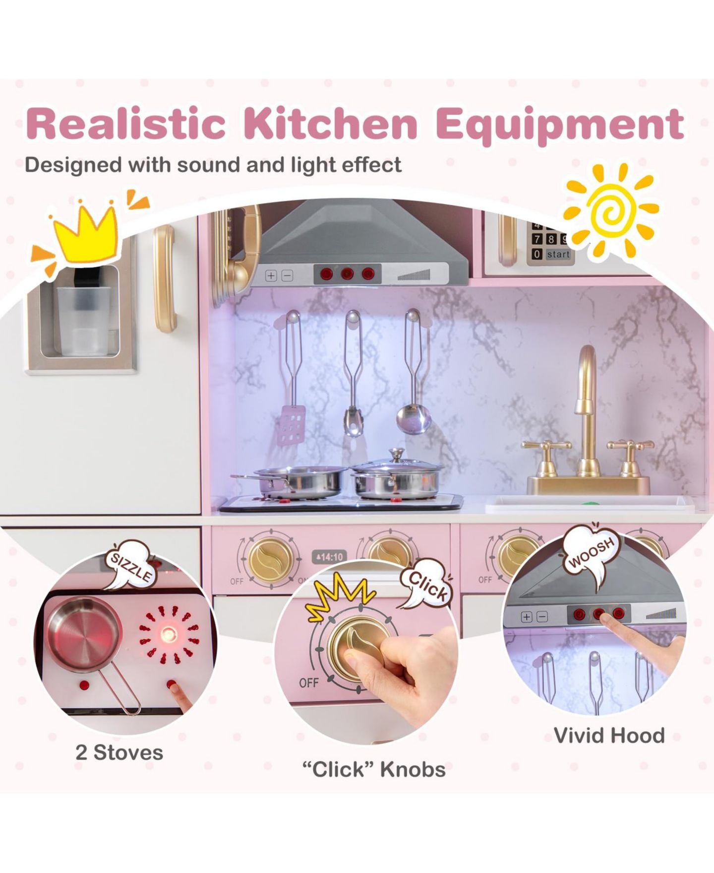 Детский игровой набор Mecale Wooden Kitchen Playset with Lights and Sounds, Ages 3+, цвет: Розовый — фото 4
