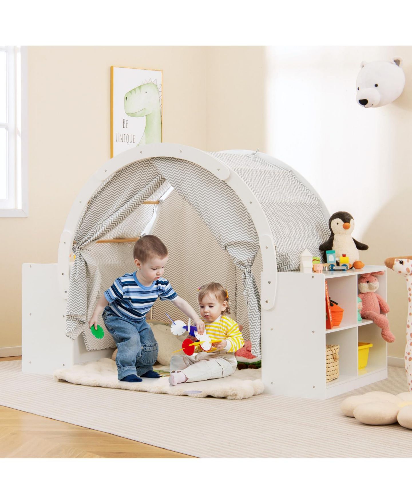 Детская игрушка Mecale Wooden 8-Cubby Storage Curtain-Shades Play Tent, Ages 3+, цвет: Белый — фото 2