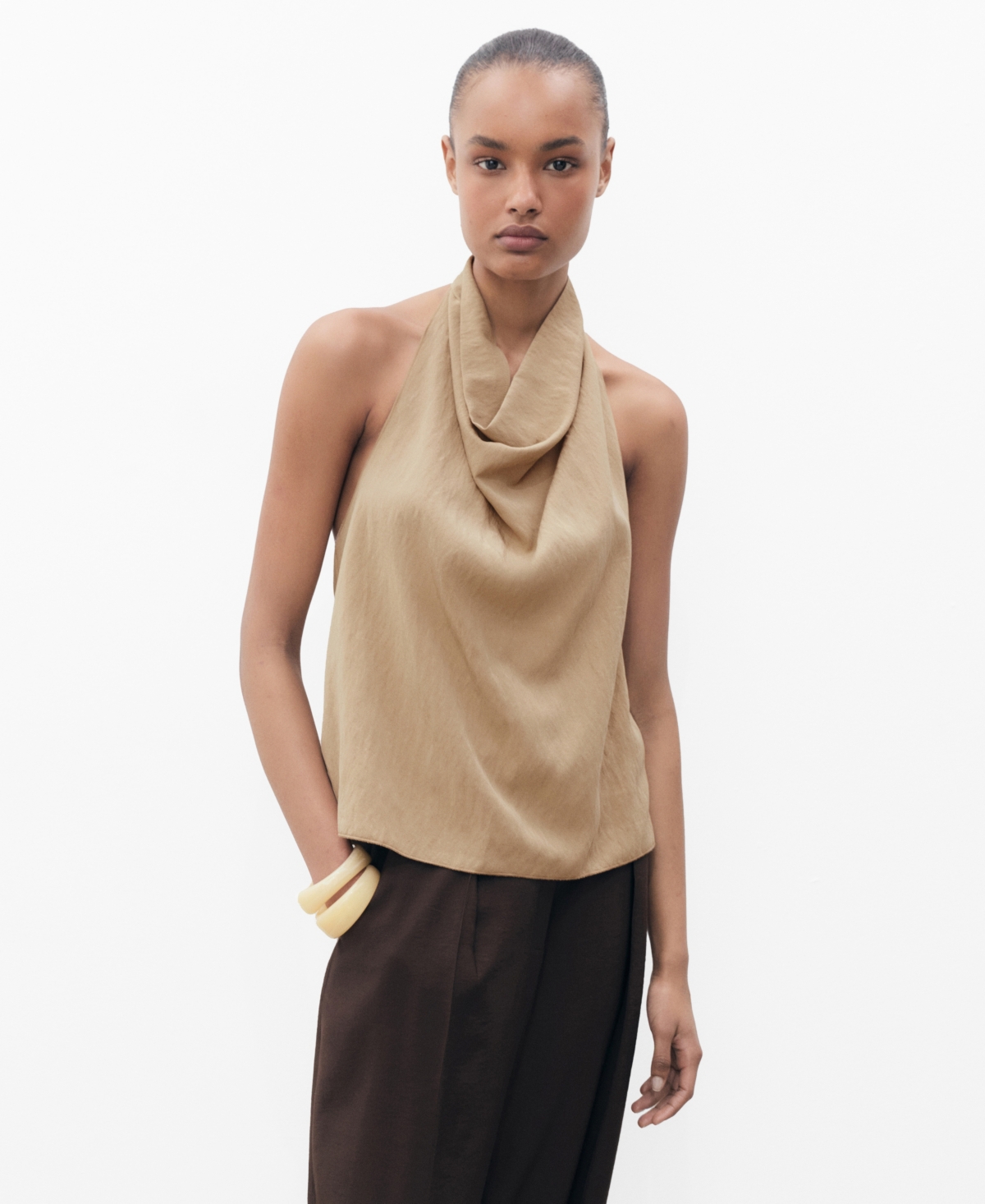 Women's Draped Neck Lyocell Top - Beige