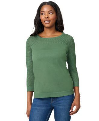 Women's Crewneck Pointelle 3/4-Sleeve Lightweight Sweater