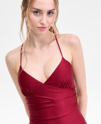 Juniors' V-Neck Ruffled Tie-Back Gown