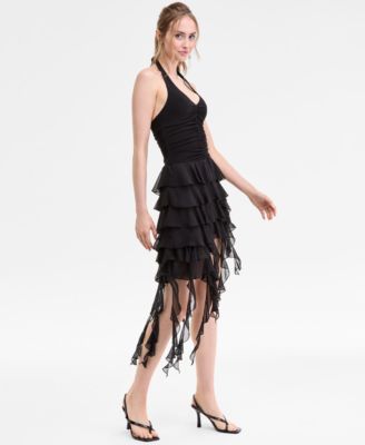 Juniors' Asymmetric Ruffled Halter Bodycon Dress