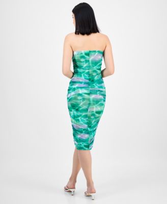 Women's Printed Ruched Mesh Strapless Dress, Exclusively at Macy's