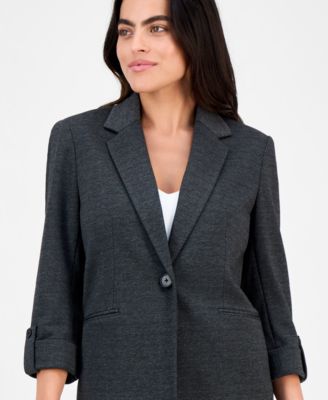 Petite Herringbone Notch-Collar One-Button Blazer 