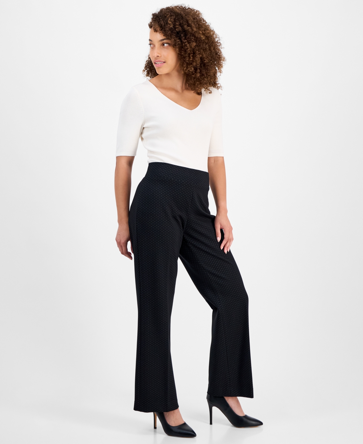 Anne Klein Petite Dot-print Pull-on Ponte Pants In Black