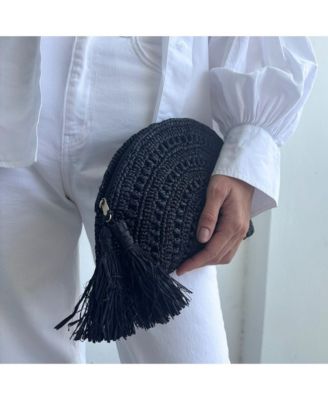 Adornia Navy Raffia Moon Clutch
