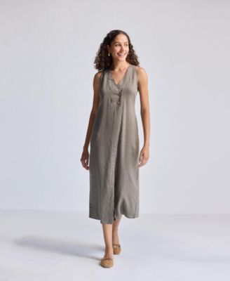 Straight Dress with Front Slit in Dark Green Hemp