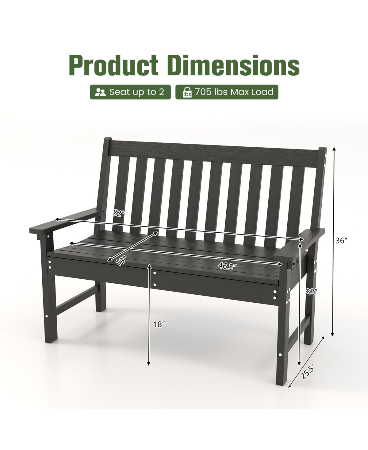 Gymax Garden Bench All-Weather Hdpe 2-Person Outdoor Bench for Front Porch Backyard