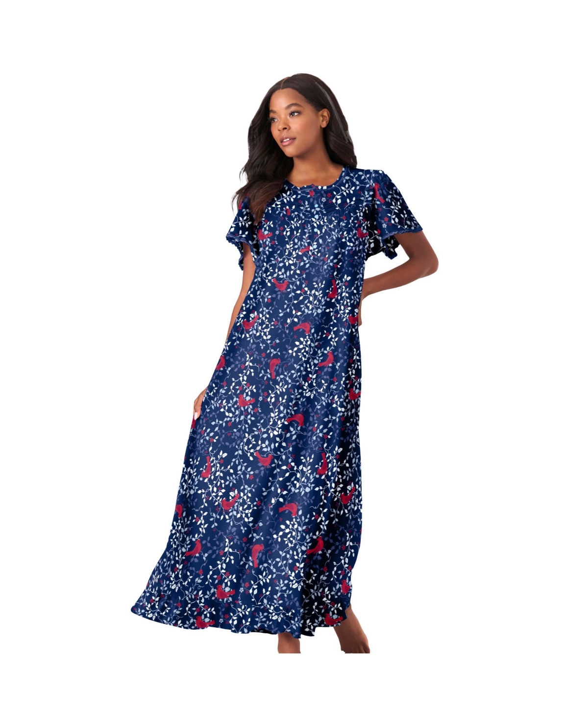 Petite Long Floral Print Cotton Gown - Evening blue cardinals