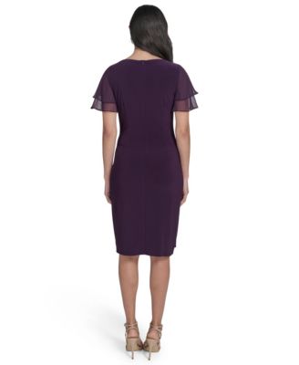 Petite Flutter-sleeve Sheath Knee Length Dress